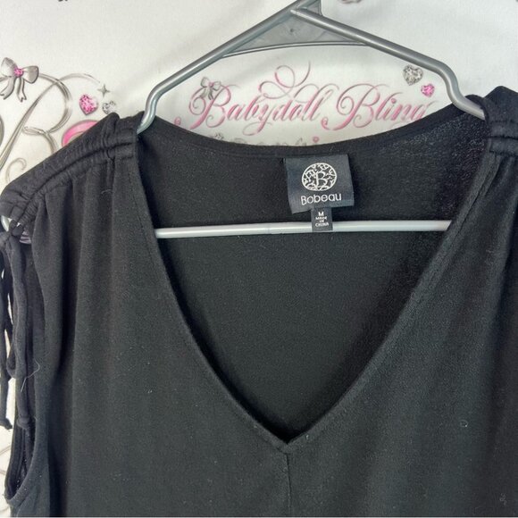 Bobeau tank top cinch tie ups shoulders ribbon luxe Black V-Neck Blouse - Picture 5 of 8